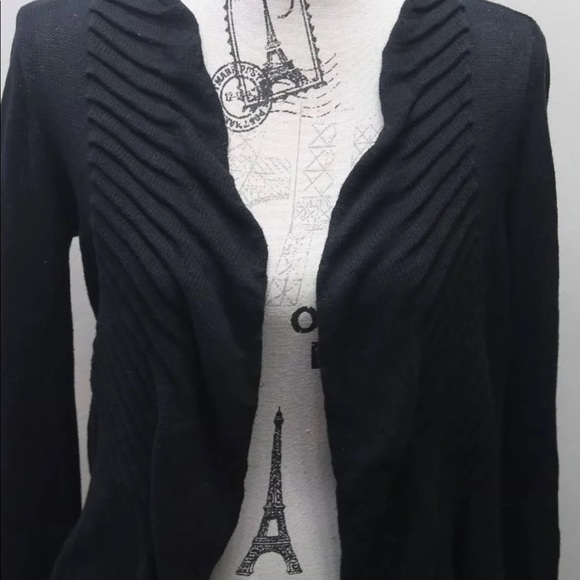 Zara Women Ruffle Black Open Cardigan Sweater Medium Cotton L/S Cable Knitted - Picture 4 of 6